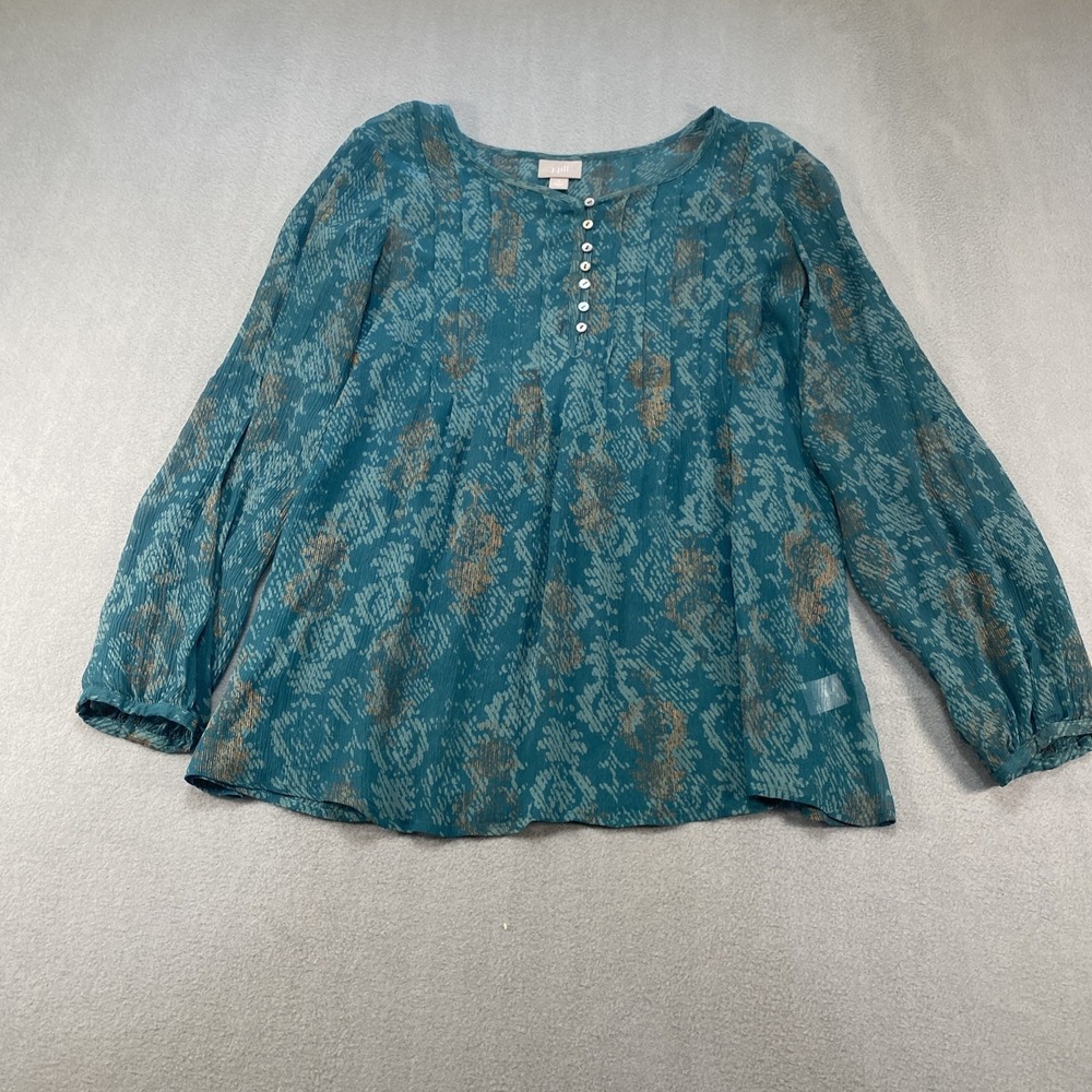 J. Jill Womens Blouse Sheer Green Long Sleeve Half Button Small Petite Silk